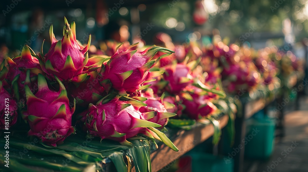 Obraz premium Vibrant Dragon Fruit Displayed at a Bustling Outdoor Market Stall.