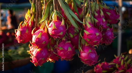 Fototapeta Naklejka Na Ścianę i Meble -  Vibrant Dragon Fruit Display at a Bustling Outdoor Market.