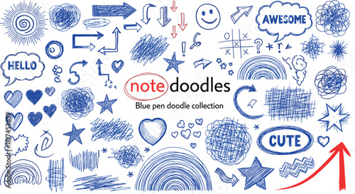Hand-drawn blue pen doodle elements collection for creative design. Perfect for adding an informal, expressive, and personalized touch to notes and digital projects