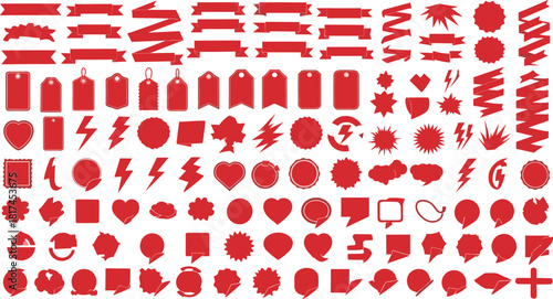 Collection of red icons and labels for design and promotion, including banners, tags, and shapes