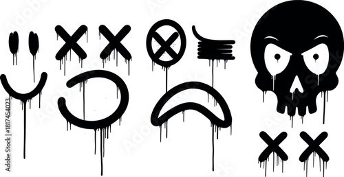 Dynamic set of urban graffiti spray paint symbols with dripping ink effect, including a grunge skull, crosses, and expressive faces for edgy graphic designs
