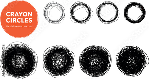 Hand-drawn crayon circle textures in various sizes and styles, perfect for design and decoration