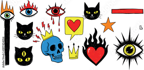 Artistic compilation of edgy doodle elements with mystical eyes, fierce black cats, regal skulls, and passionate hearts, offering a unique visual flair for contemporary design projects