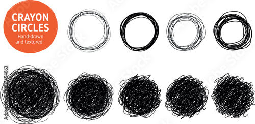 Hand-drawn Crayon Circles and Scribbled Textures Vector Graphics for Design and Illustration
