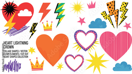 Vibrant and Playful Graphic Elements Collection Hearts, Lightning Bolts, and Crowns in a Modern Collage Style for Creative Designs