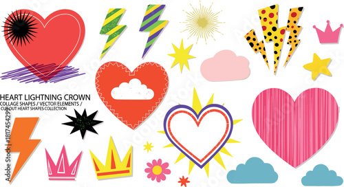 Colorful Heart Lightning Crown and Cloud Shape Vector Elements Collection for Design