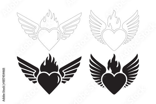 Winged hearts with flames and crown designs