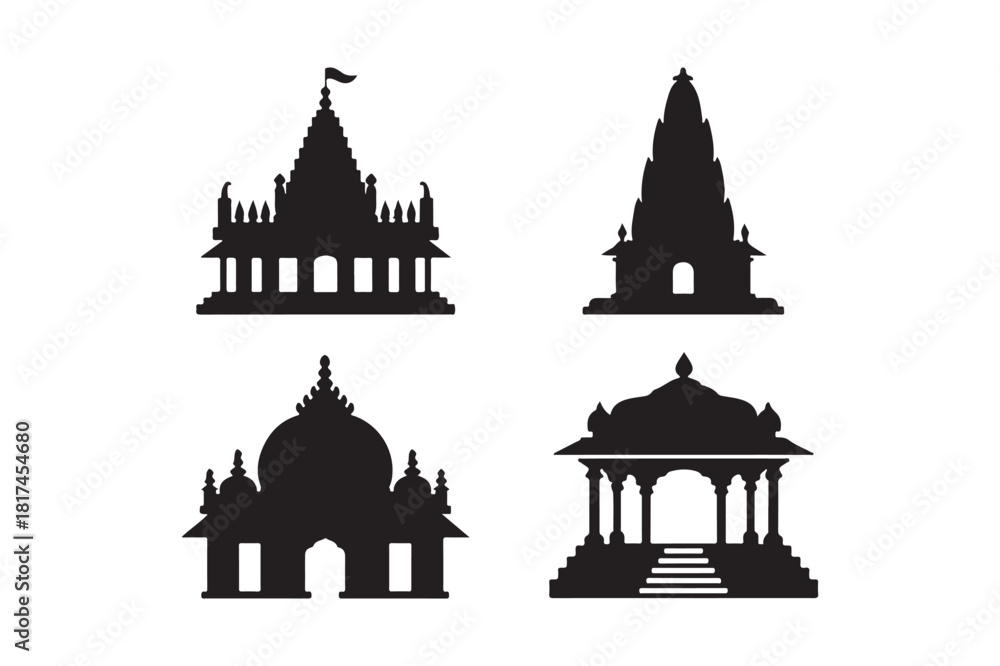 Obraz premium Silhouettes of diverse indian temple architectural styles