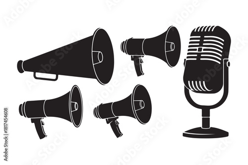 Vintage microphone and megaphone silhouettes for sound and communication