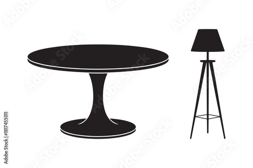 Modern black tulip table and tripod floor lamp silhouette