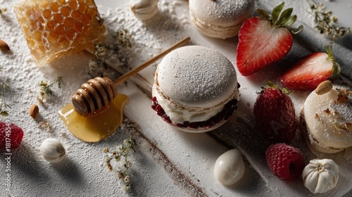 Macarons and Honeycomb Still Life with Summer Berries and Confectioners Sugar