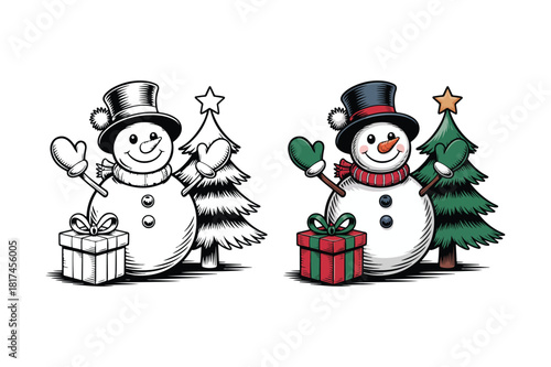 Charming snowman with christmas tree and gift illustration