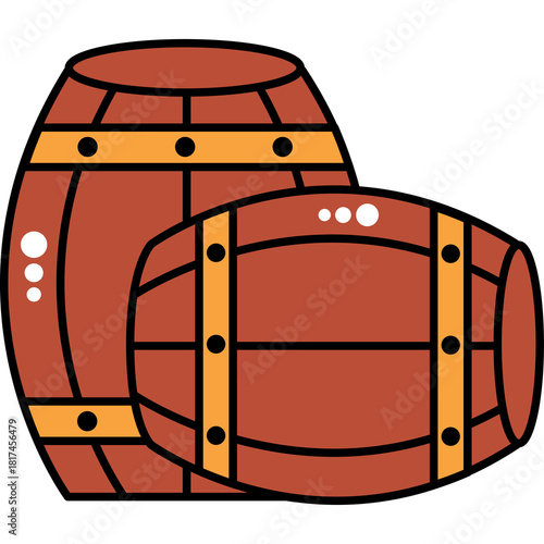 Photos Two Wooden Barrels Brown and Orange Bands with Black Rivets and White Highlights