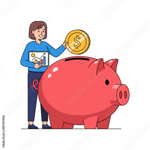 A smiling woman successfully places a large golden coin into a giant piggy bank while reviewing financial growth charts on a tablet in this vibrant 2D flat vector illustration.