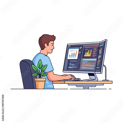 Flat 2D vector illustration showing a young male freelancer working diligently on a large computer monitor at a minimal ergonomic desk, emphasizing digital productivity and remote work setup.