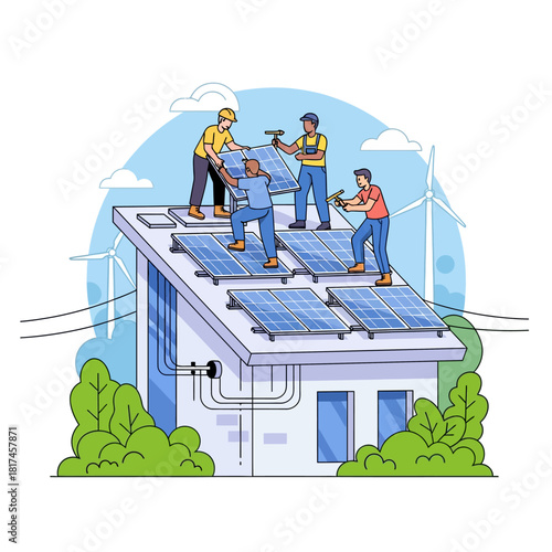 Diverse collaborators install photovoltaic solar panels on a building rooftop, representing sustainable teamwork and clean energy infrastructure in this flat 2D vector illustration.