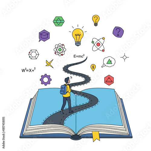 A curious student walks along a winding path emerging from an open textbook, with floating icons like a lightbulb, DNA helix, and abacus symbolizing learning in a vibrant 2D flat illustration.
