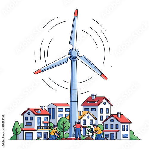 A vibrant 2D flat vector illustration depicts a large stylized wind turbine generating clean power for a suburban neighborhood while two people plant a sapling tree, symbolizing sustainability.