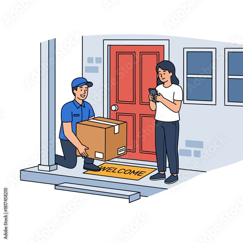 A smiling courier places a large cardboard box on a residential porch while a customer tracks the transaction on a smartphone screen, depicted in a clean 2D flat vector illustration style.
