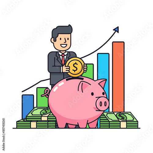 A smiling businessman deposits a golden coin into a giant pink piggy bank, surrounded by rising bar charts and stacks of money, rendered in a modern 2D flat vector illustration.