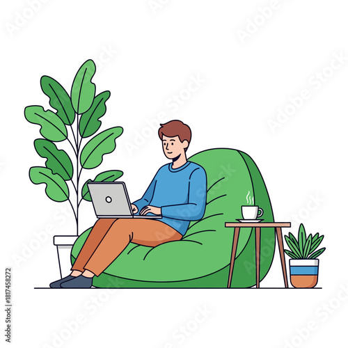 A happy young professional utilizes a flexible workspace, working remotely with a laptop while relaxing on a bean bag chair, depicted in a vibrant flat 2D vector illustration.