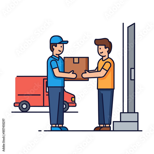 Home delivery service is efficiently depicted as a courier hands a shipment box to a customer standing at their residential doorstep in this vibrant flat 2D vector illustration.