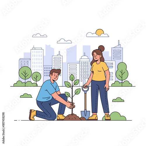 This colorful flat 2D vector illustration depicts two people planting a sapling in a lush park, set against a visible cityscape background, promoting urban sustainability and environmental protection.