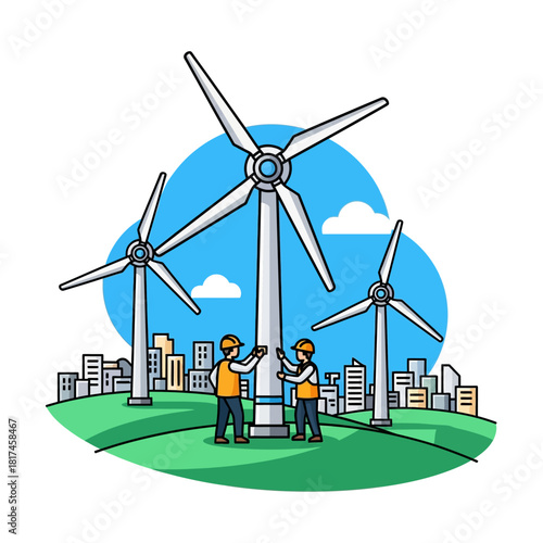 A 2D flat vector illustration shows two engineers inspecting large wind turbines on a green hilltop overlooking a city, representing sustainable electricity and renewable energy adoption.