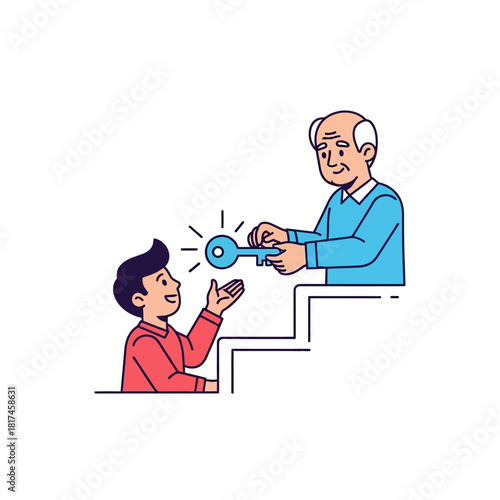 A flat 2D vector illustration shows an older mentor handing a glowing key to a younger mentee on a career progression staircase, clearly symbolizing knowledge transfer and professional development.