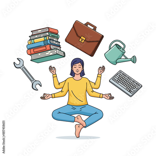 A calm person meditates while juggling task icons like clocks, documents, and emails, symbolizing work-life balance and efficient time management in a 2D flat illustration.