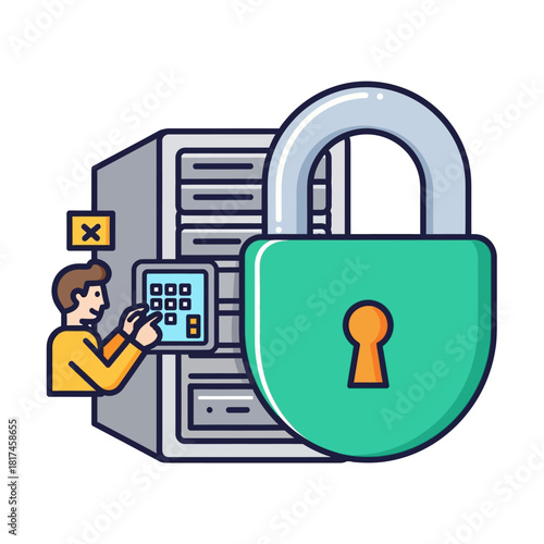 Digital data protection is symbolized by this Flat 2D vector illustration showing a giant padlock locking a server cabinet while a user enters a security keycode.