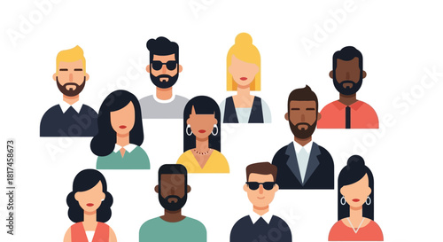 Diverse group of cartoon avatars representing people of various ethnicities, genders, and ages
