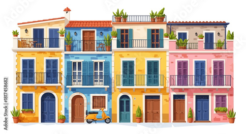 Charming street with a row of colorful traditional Mediterranean houses, balconies, and a scooter. A picturesque European town illustration