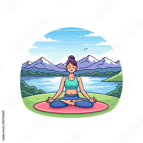 A vibrant, simplified 2D flat vector illustration depicts a woman in the peaceful lotus yoga pose on a circular mat overlooking a tranquil mountain lake landscape.