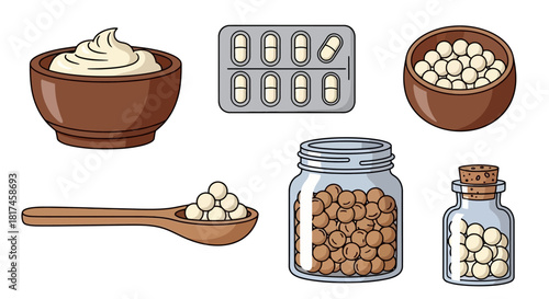 A diverse collection of homeopathic and alternative medicine remedies, including globules in jars, capsules in a blister pack, and a natural cream