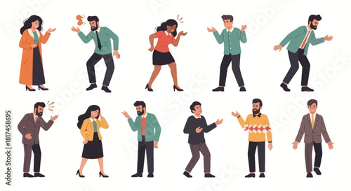 Diverse group of frustrated people in a collection of illustrations, each expressing anger, disagreement, and various negative emotions through gestures and expressions