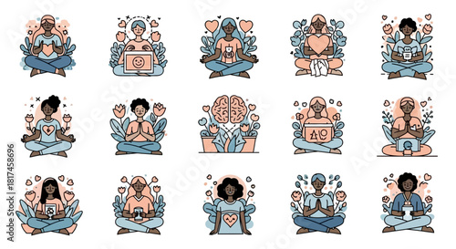 Collection of Diverse People Meditating with Botanical Elements for Wellness and Mindfulness