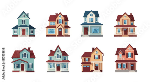 Collection of Diverse Residential Homes in Various Architectural Styles on a White Background