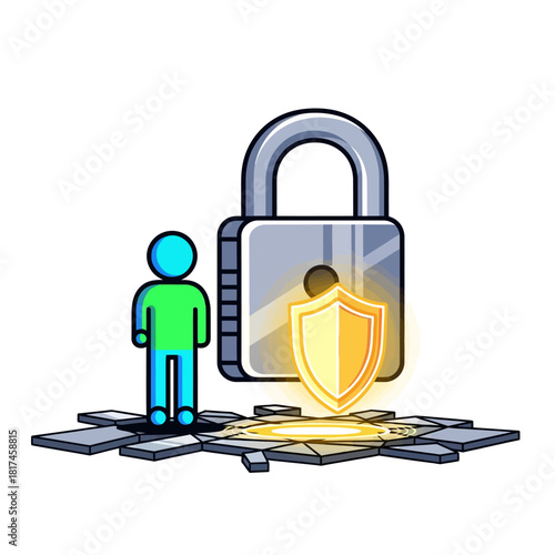 A person stands on a digital platform inspecting a large floating padlock with a shield icon, symbolizing digital safety and strong cybersecurity in a vibrant 2D flat illustration.