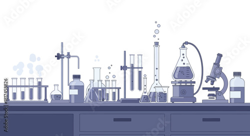 A detailed illustration of a scientific laboratory bench filled with chemistry glassware, beakers, test tubes, and a microscope for research