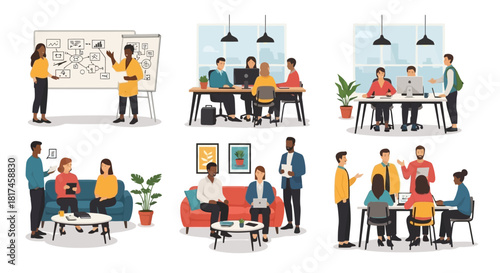 Collection of scenes depicting professional groups engaging in business meetings, teamwork, and project discussions across various modern office environments