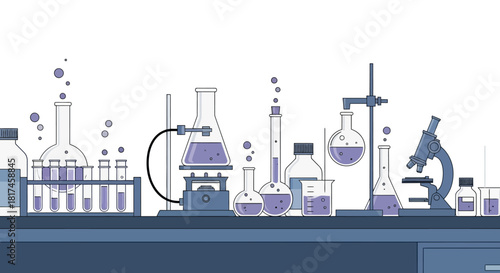 Flat design concept of a science lab bench filled with chemical glassware, a microscope, and bubbling liquids for research and discovery