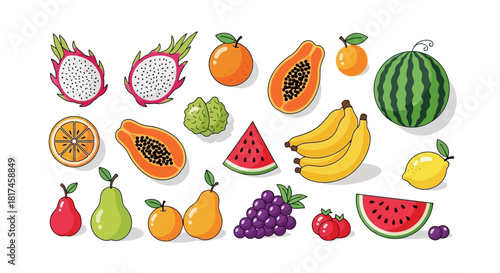 Colorful collection of fresh and exotic fruits in a playful hand-drawn illustration style, perfect for healthy lifestyle themes, food education, and refreshing summer designs with a vibrant appeal