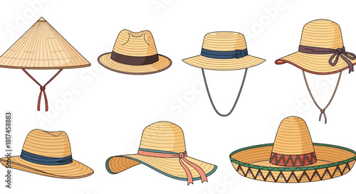 Colorful cartoon vector illustration set of seven different straw hats for summer and travel concepts