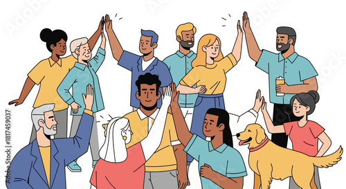 An energetic illustration of a diverse team of individuals and a dog giving high-fives, representing successful collaboration, unity, and shared achievement