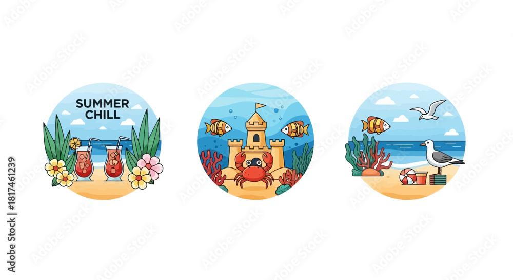 Obraz premium Vibrant Summer Vacation Illustrations Tropical Drinks, Sandy Beaches, and Ocean Adventures with Playful Marine Life