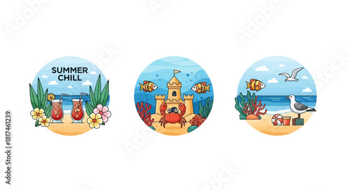 Vibrant Summer Vacation Illustrations Tropical Drinks, Sandy Beaches, and Ocean Adventures with Playful Marine Life