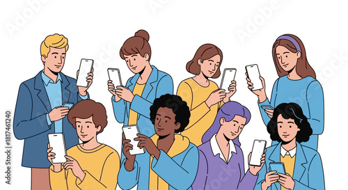Diverse group of modern people engrossed in their smartphones, illustrating the pervasive nature of mobile technology and digital interaction in contemporary society