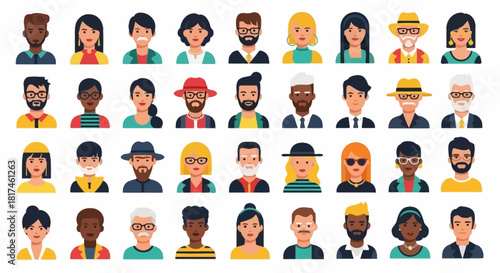 A diverse collection of flat design user avatars showcasing a wide range of male and female profile pictures, ideal for social media, applications, and digital user interfaces