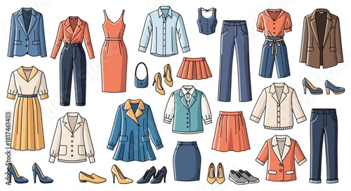 Extensive collection of stylish women's clothing and fashion accessories, showcasing a diverse wardrobe of dresses, skirts, blouses, jackets, and shoes for various occasions